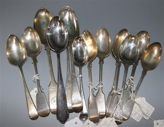 Thirteen assorted 19th century silver spoons and an 800 standard silver spoon, 22 oz.